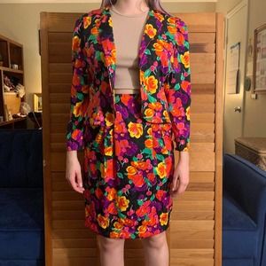 Vintage 80s Rainbow Blazer Skirt Set Papell Medium